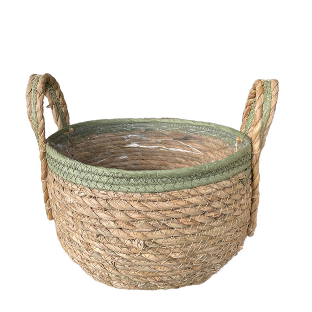 Pflanzkorb Seegras natur, Übertopf mit Henkel natur mit grünem Rand, 17cm, Naturkorb