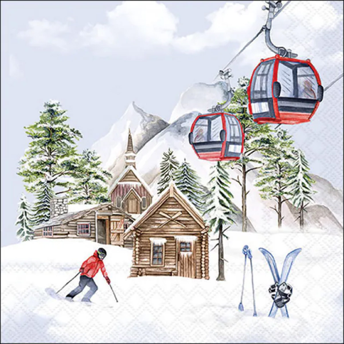 Ambiente Servietten Winter, Gondel und Skifahrer, Ski hut, 33x33cm
