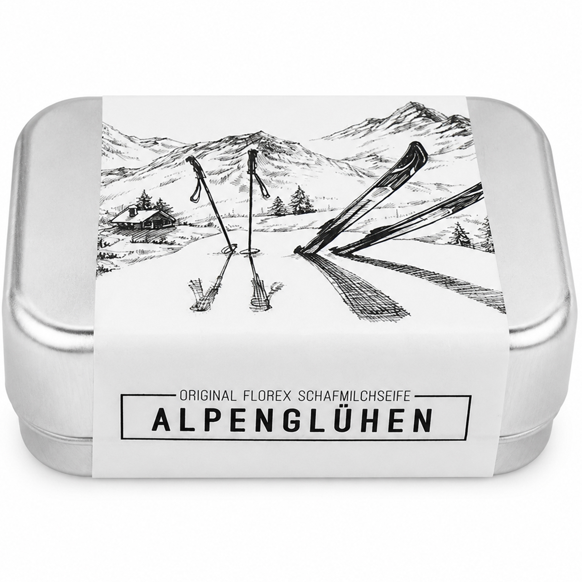 Schafmilchseife Alpenglühen verpackt in einer Blechdose Winter-Ski-Motiv