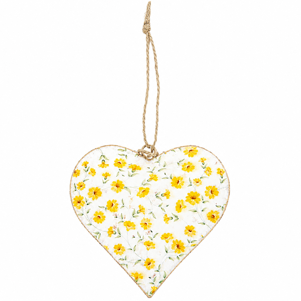 Deko Herz mit Blumen, Metallherz mit zart-gelbem Blumenmuster, 10cm