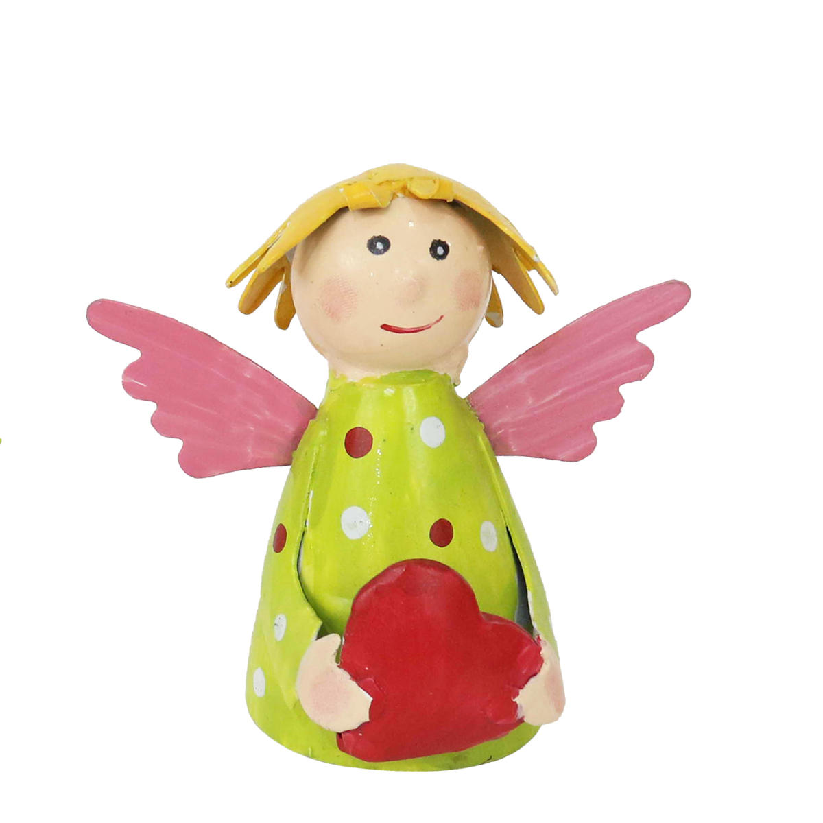 Zaunhocker Engel Schutzengel used look, Metallengel mit Herz und grünem Pünktchen-Kleid, 9cm