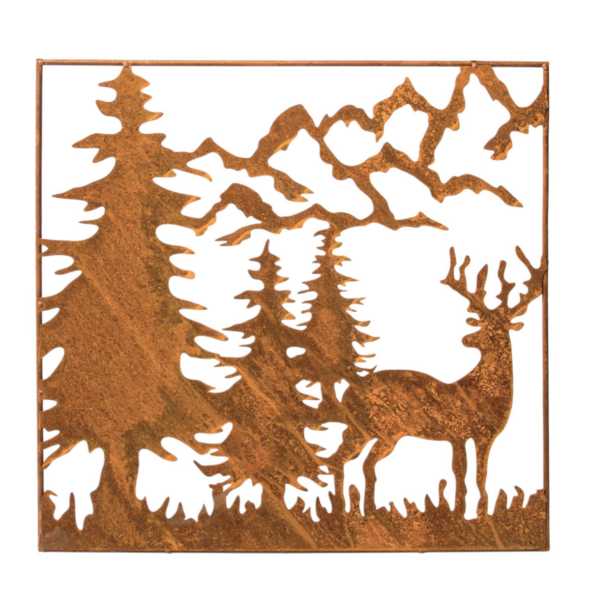 Deko Wandbild Hirsch, Baum und Berge, 44x44cm, Rostbild