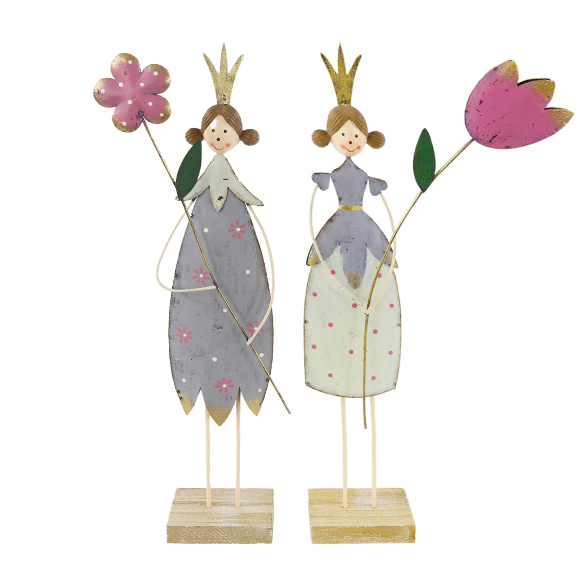 Deko Blumenmädchen mit Blume, Blumenkönigin creme und grau, 36x12cm, Metall, Set/2