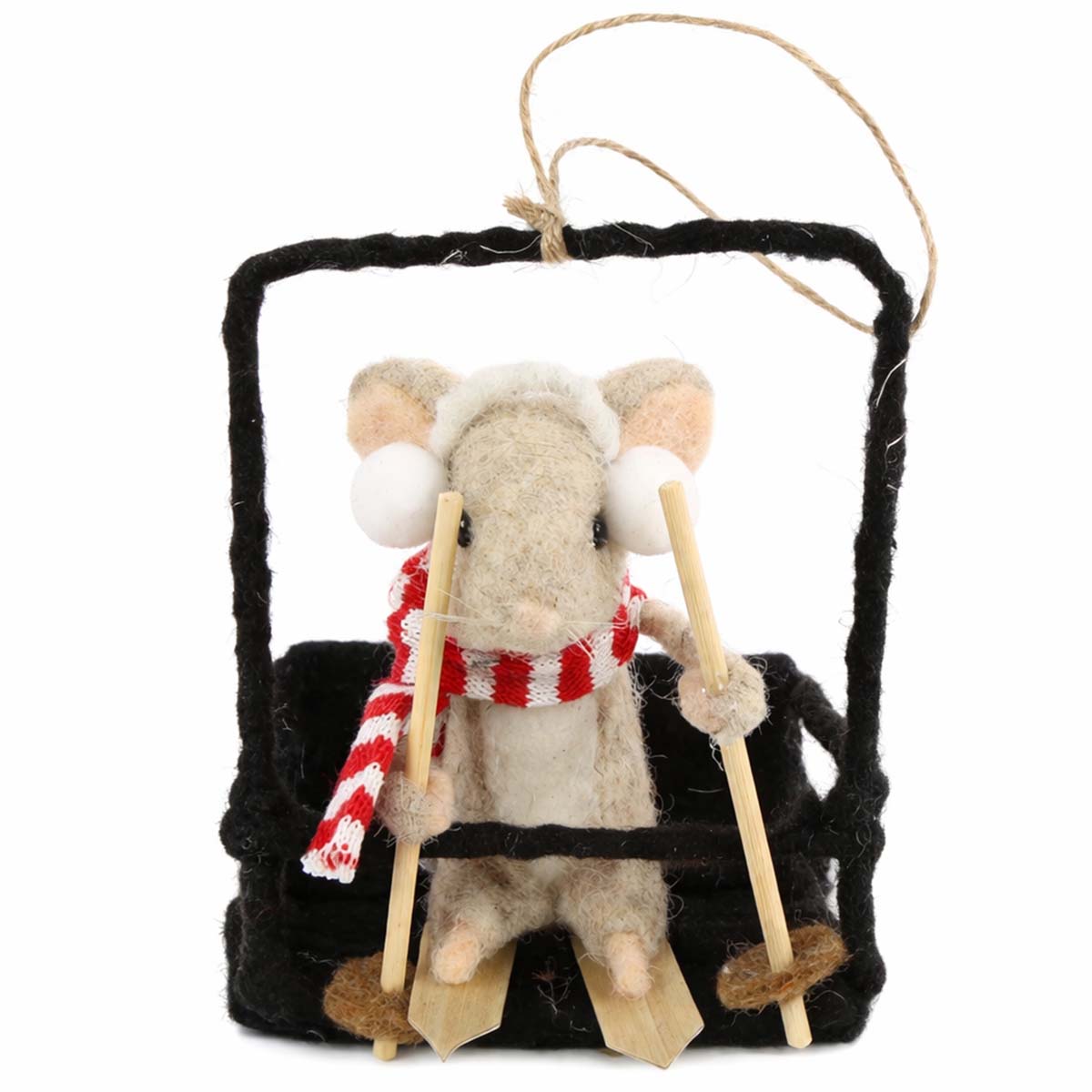 Deko Maus mit Ski und Ohrenwärmer, Filzmaus im Skilift, 15cm, Hänger    