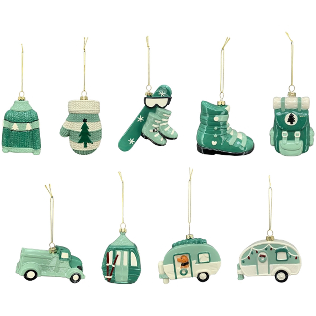 Deko Kunststoffhänger Wintermotive, Ski, Pullover, Wohnwagen, Snowboard etc, 9cm