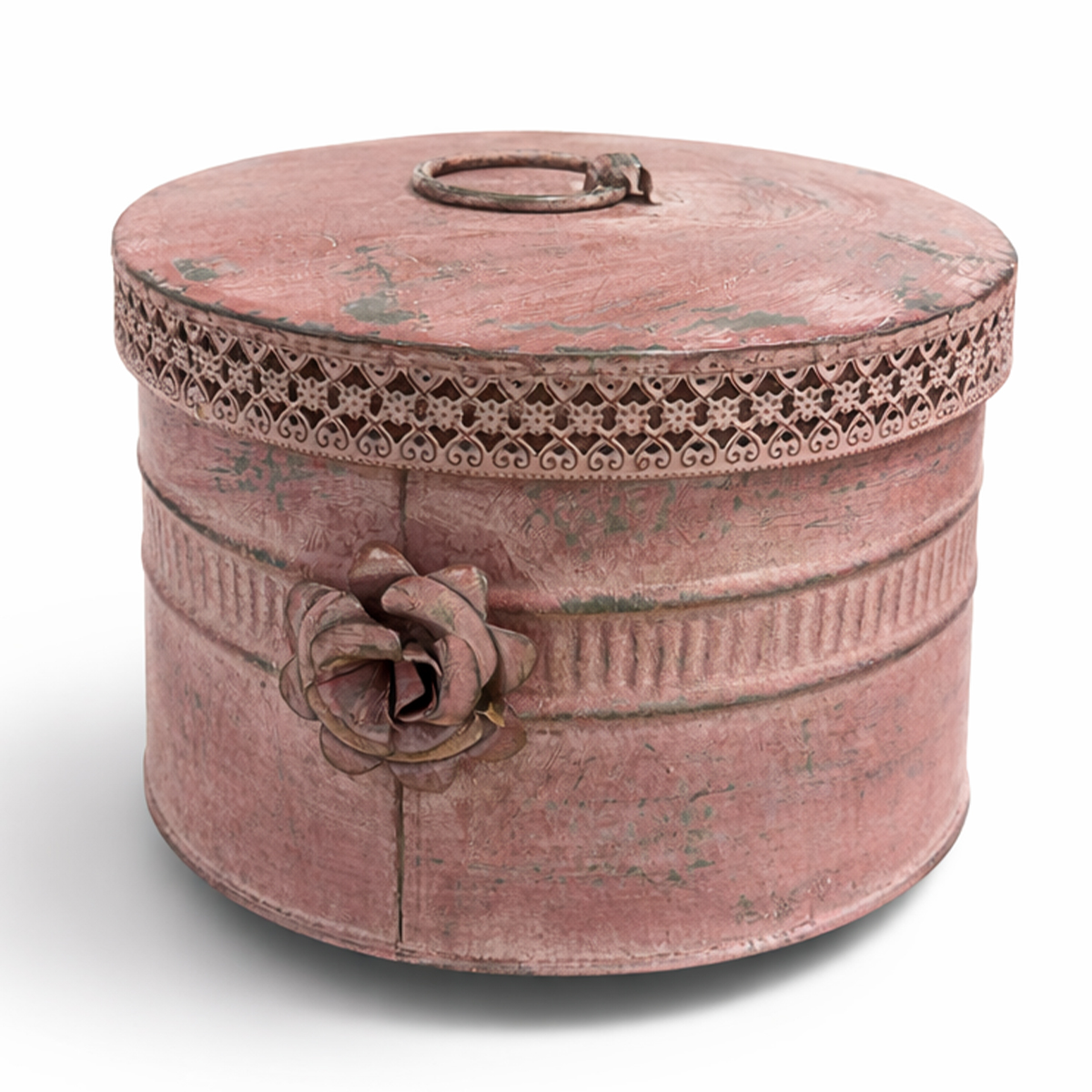 Deko Metalldose used look mit Rose, Rosa Dose mit Deckel, 16x11cm 