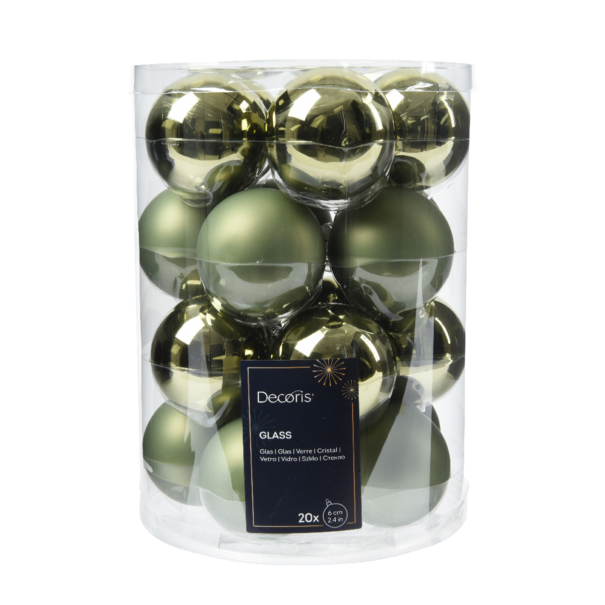 Weihnachtsbaumkugeln aus Glas, rosmaringrün glanz/matt, Ø6cm, 20St/Box, Decoris