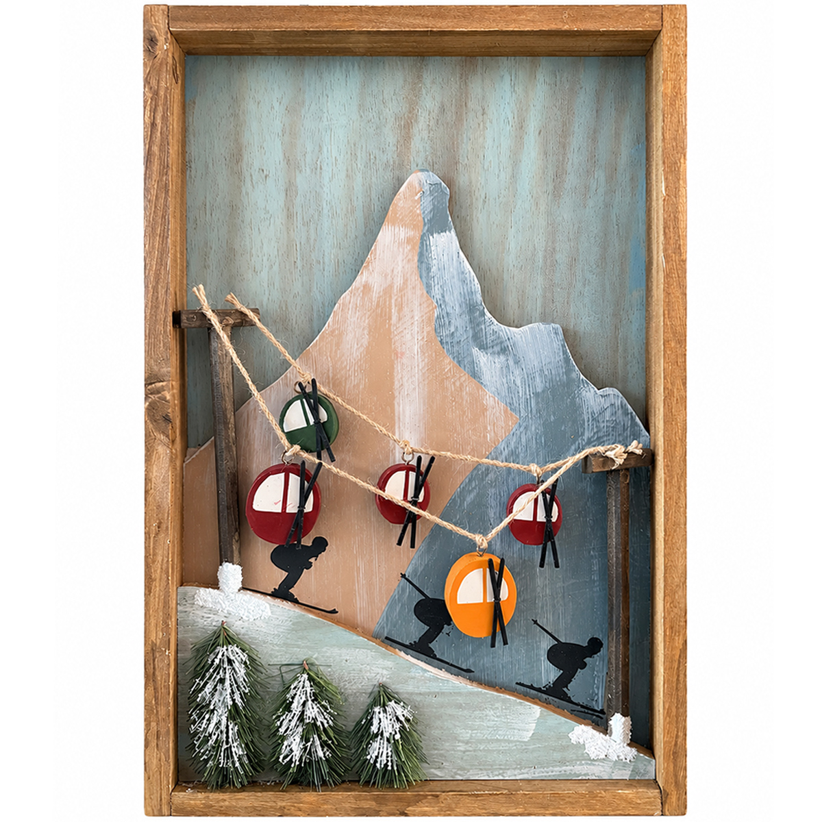 Rustikales 3D Holzbild mit Wintermotiv im Vintage Look, Skifahrer und Gondeln