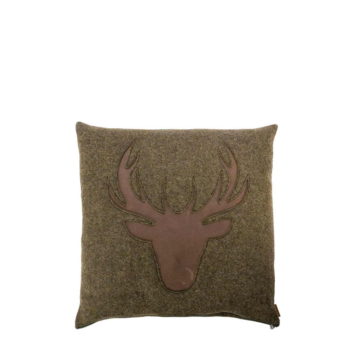 M12719_01K6SKKWJVHBE1Z1JEGKN2G599OZIFxbmeC4p8z Landhaus Loden Kissen "Johann" kleines moosgrünes Filzkissen mit Lederapplikation Hirsch, 35x35cm