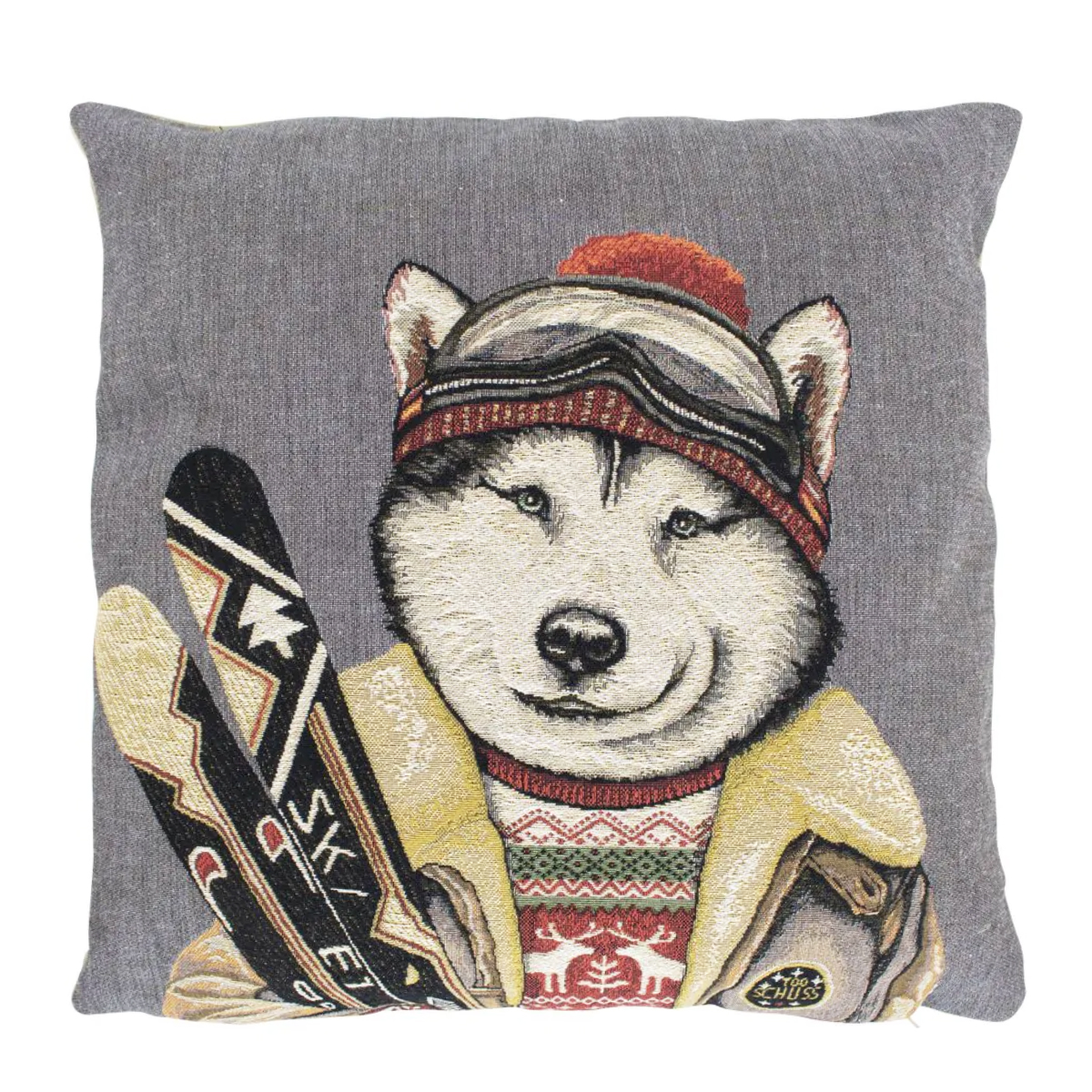 Gobelin Kissen Skifreunde  Hund Husky, Husky in Skikleidung und Ski, 45x45cm, Mars & More