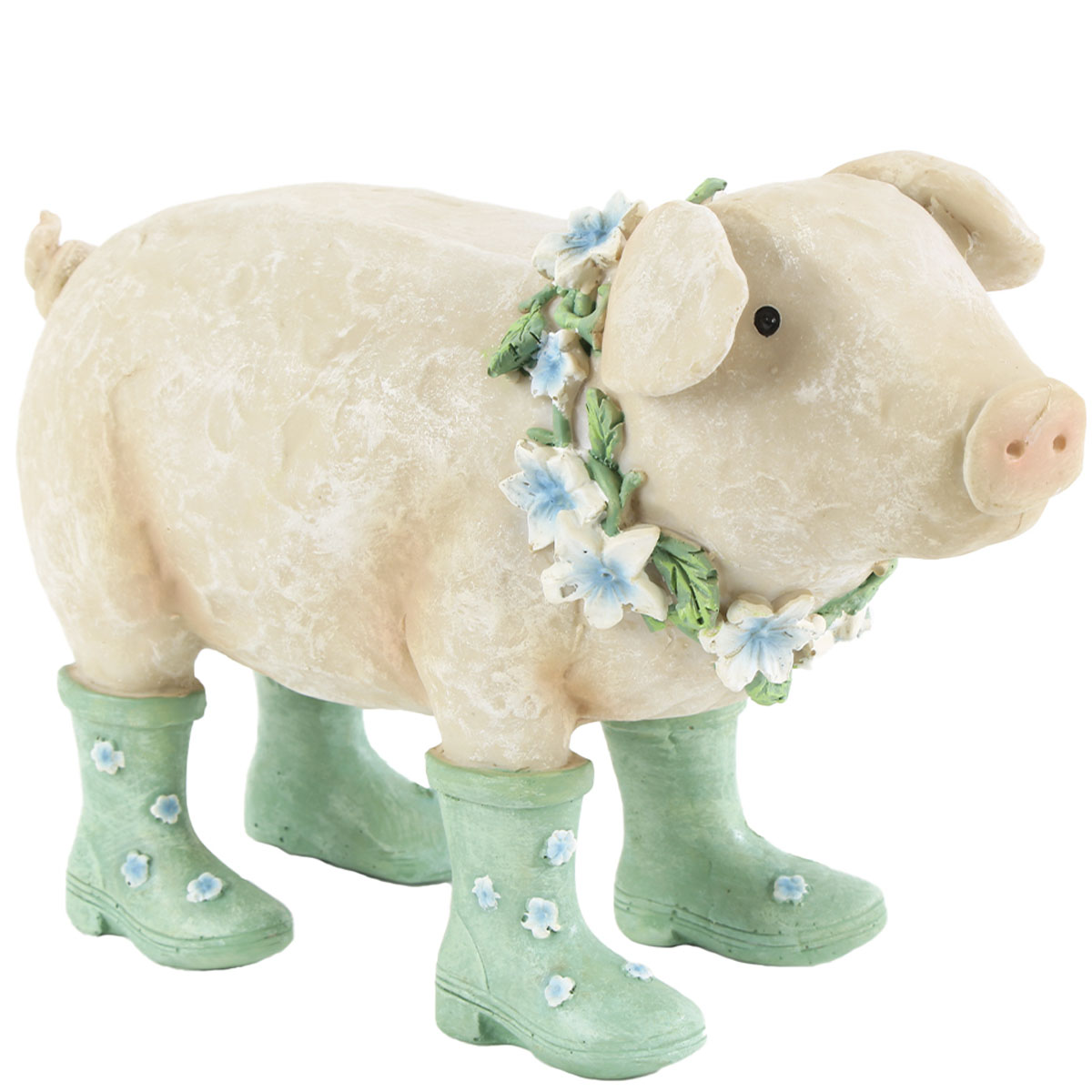 Deko Schwein, Schweinchen mit Stiefel und Blumenkranz, 22x15cm, Polyresin