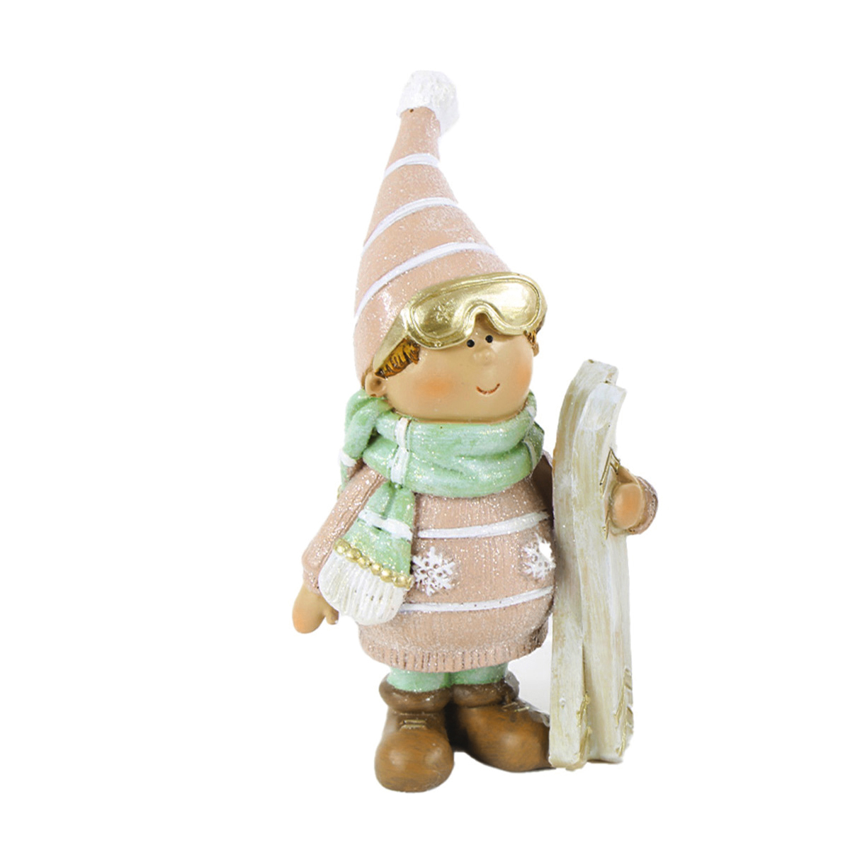 Dekofigur Skifahrer mit Skibrille, Winterkind mit Ski und Riesenpulli, 12cm