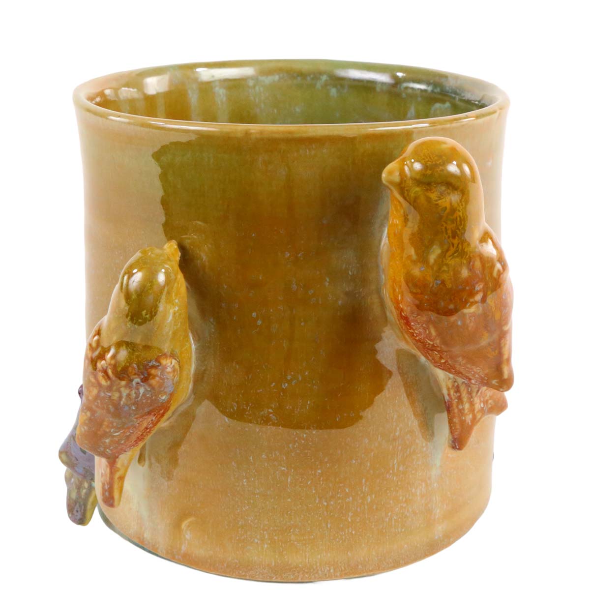 Deko Übertopf aus glasierter Keramik, Pflanztopf mit Vögel, Grünbrauntöne, 15cm