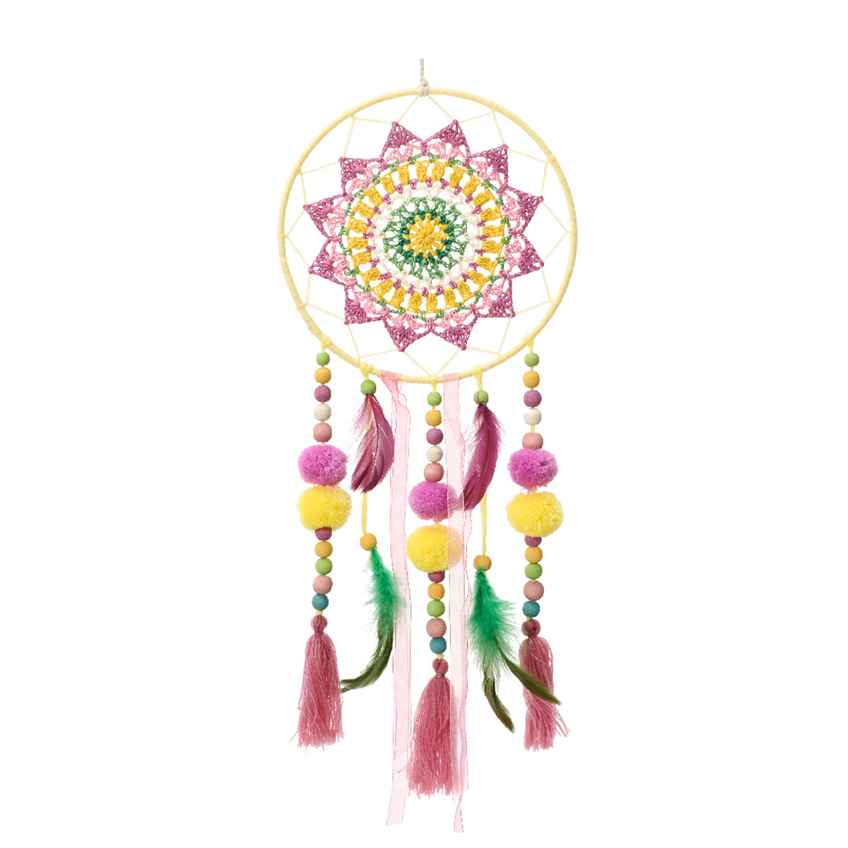 829510-2_01JK3H02SCFG445H332ZBWK7A34nhu5mfE8izb5 Traumfänger Boho bunt, Dreamcatcher mit Pompons pink und gelb, Ø20cm