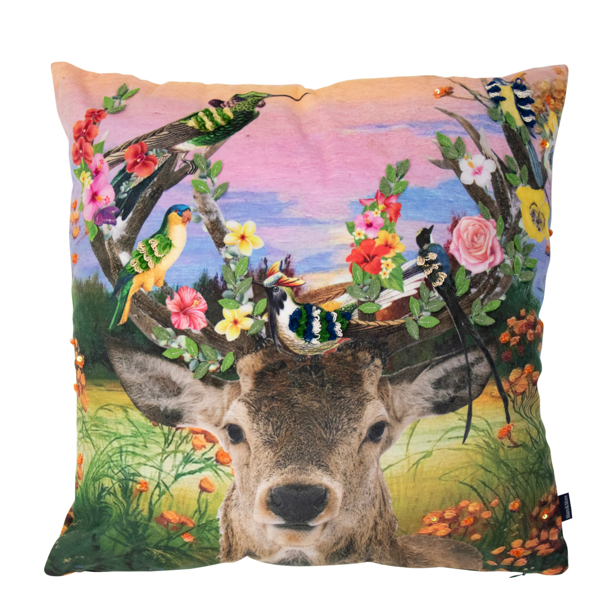 Deko Kissen Hirsch Fleury, Hirsch mit Blumengeweih und Schmetterlinge, 45x45cm, Mars & More