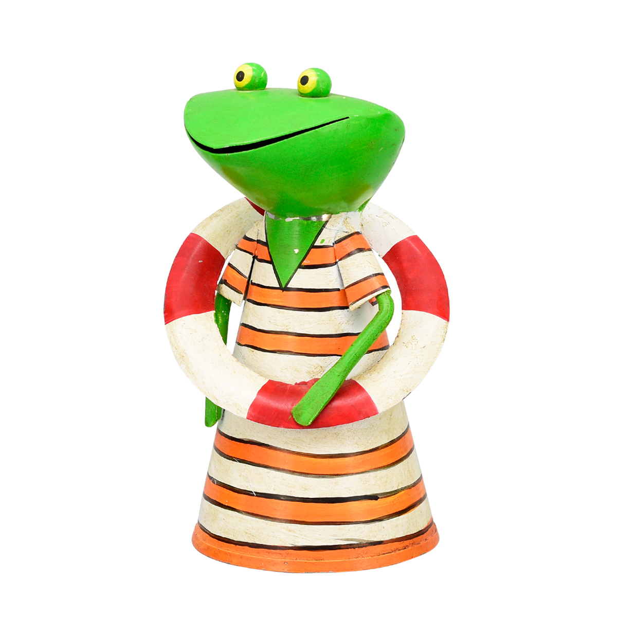 Zaunhocker Frosch mit Badekleid orange-creme, Metallfrosch mit Schwimmreifen, 20cm