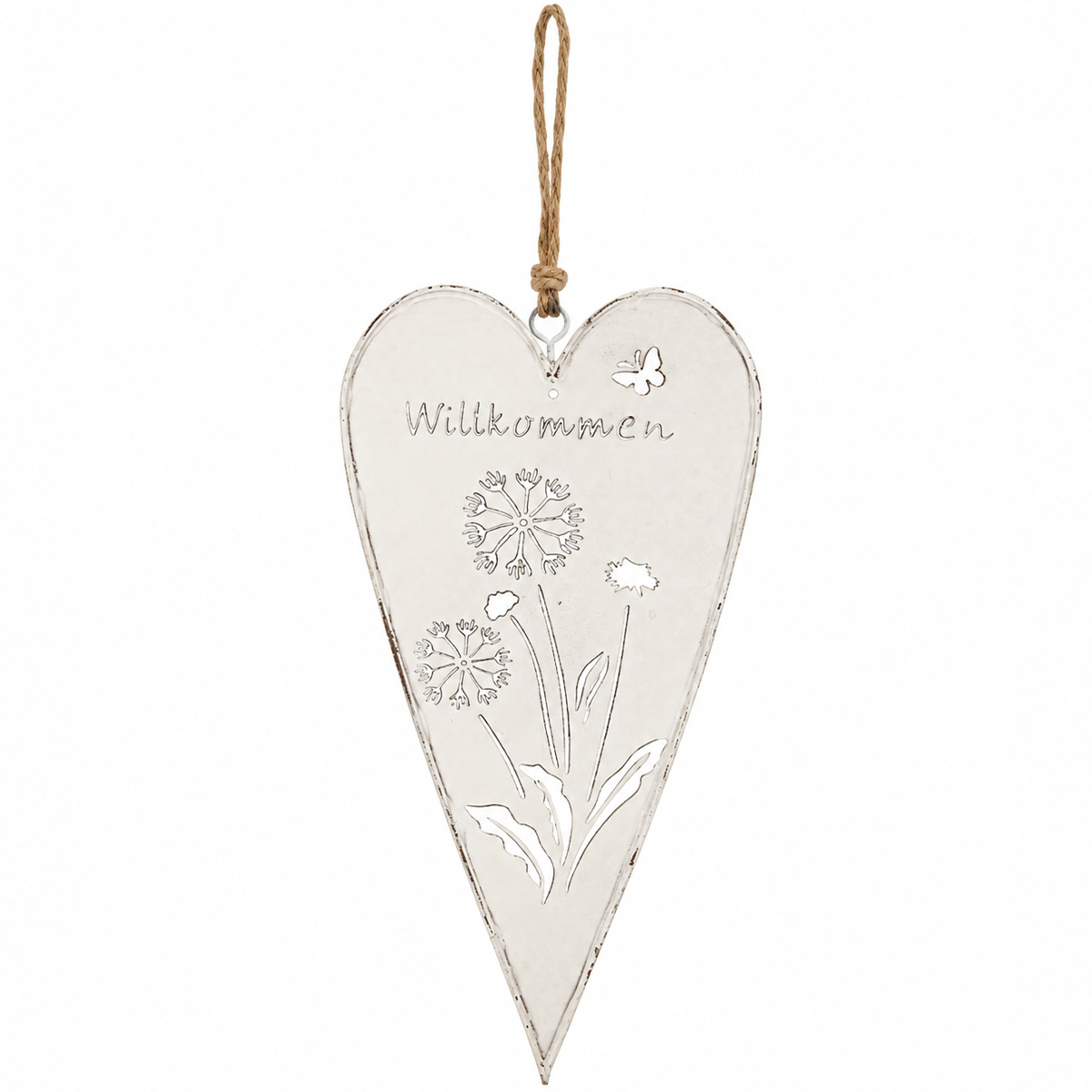 Deko Herz Willkommen, Metallherz mit Blumenmotiv weiß shabby chic