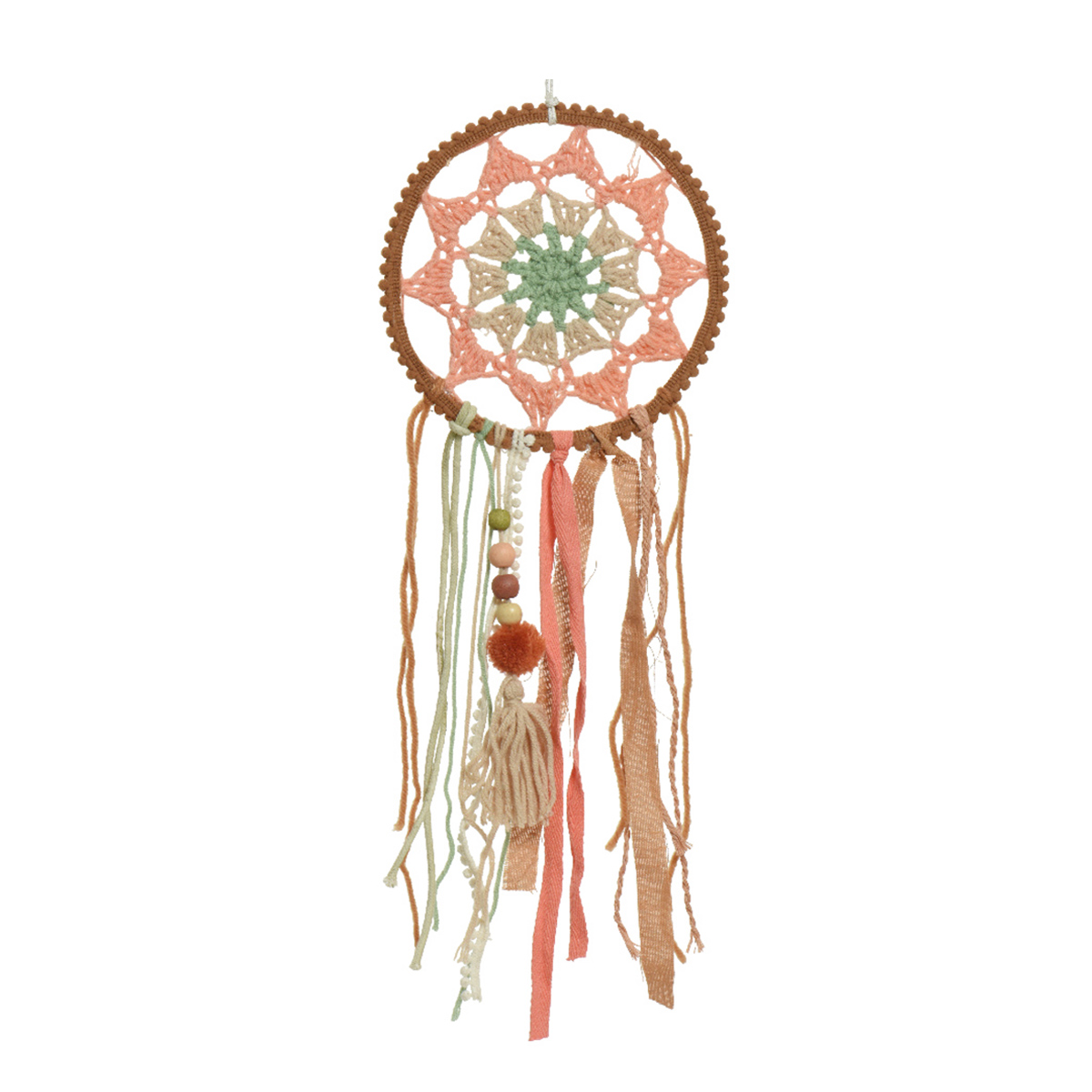 Traumfänger Boho gehäckelt, Dreamcatcher mit Pompons und Schnüre, braun-lachs