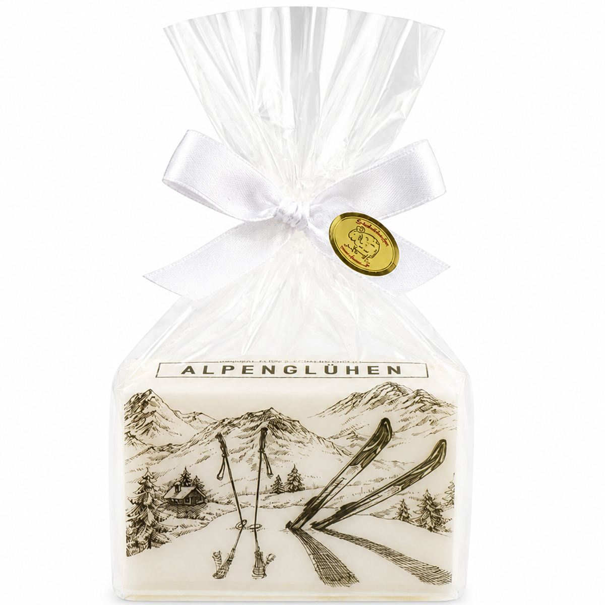 Schafmilchseife Alpenglühen eckig, mit Winter Ski Motiv, 150g, in Cello, Florex