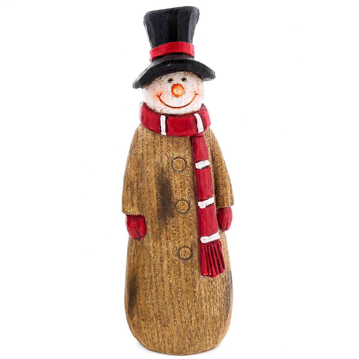 Deko Schneemann mit rotem Schal und Hut, Holzoptik, 16cm