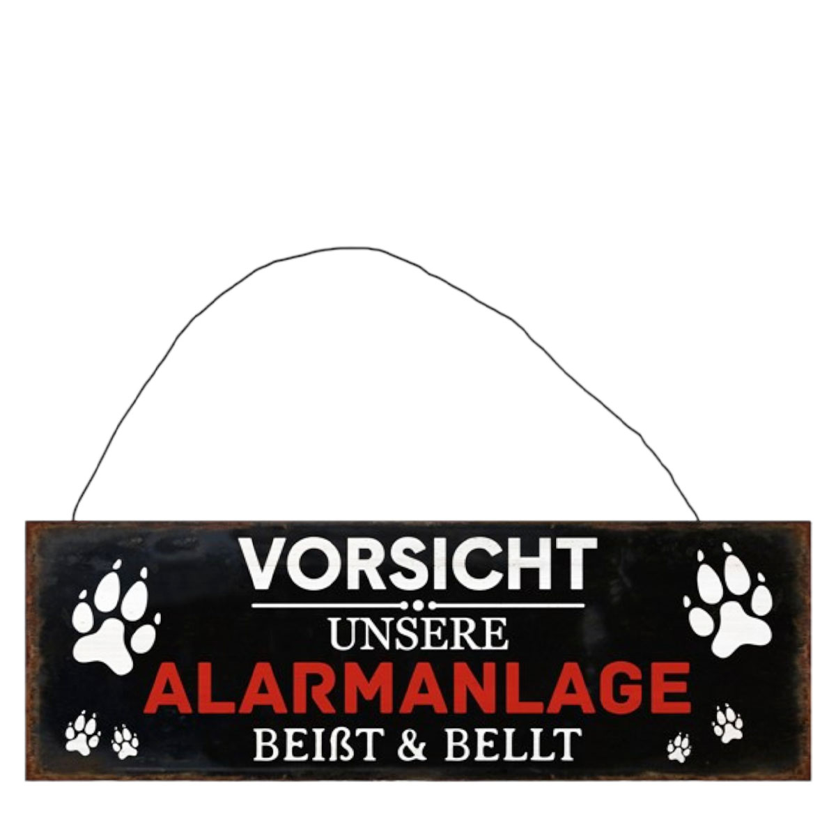 Metall Schild mit Spruch: Vorsicht Unsere Alarmanlage beißt & bellt, 30x13cm, Hänger, Gerrys Garden