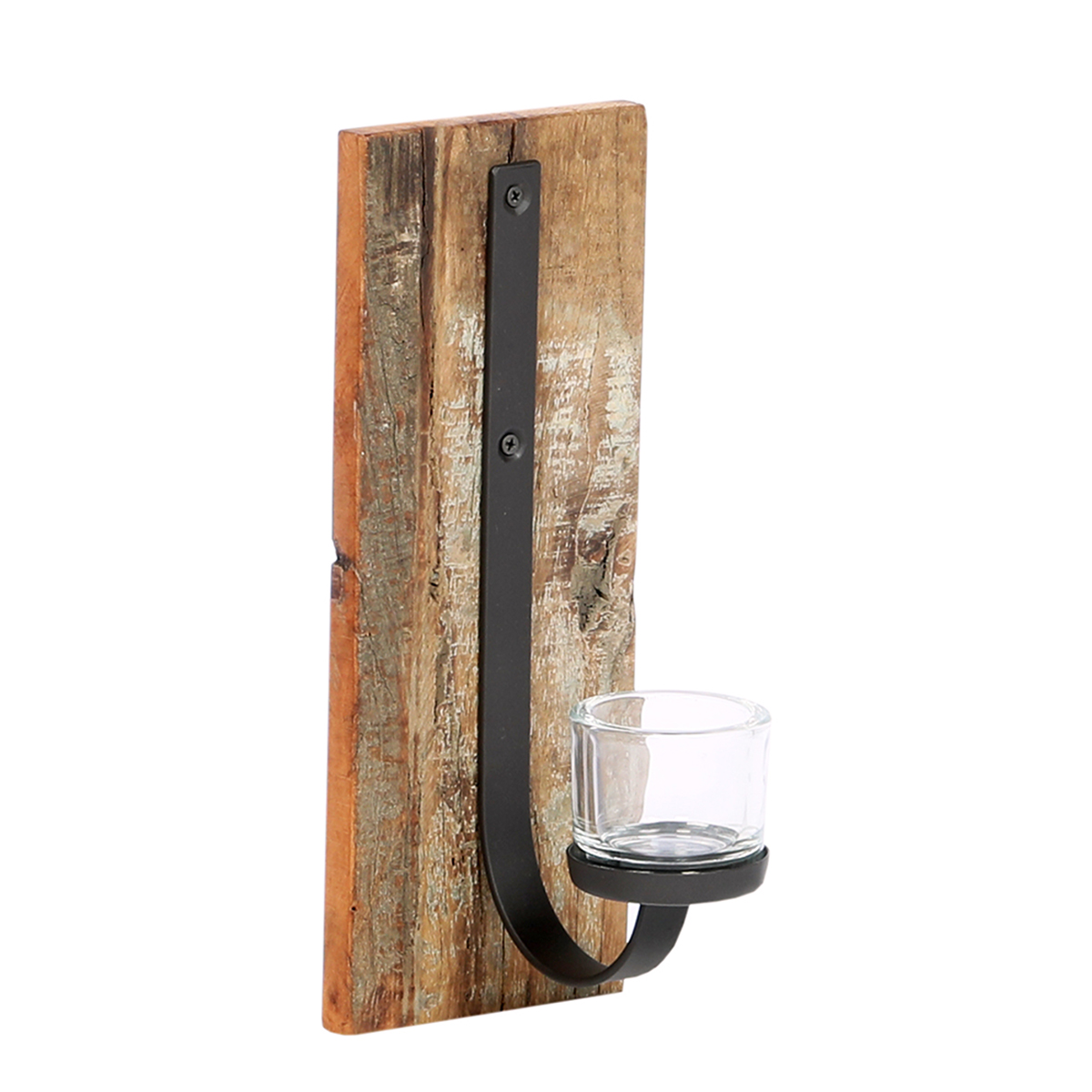 Wandleuchter Windlicht Rhinno, rustikaler Eisenleuchter auf Naturholz, 30cm, WMG Grünberger
