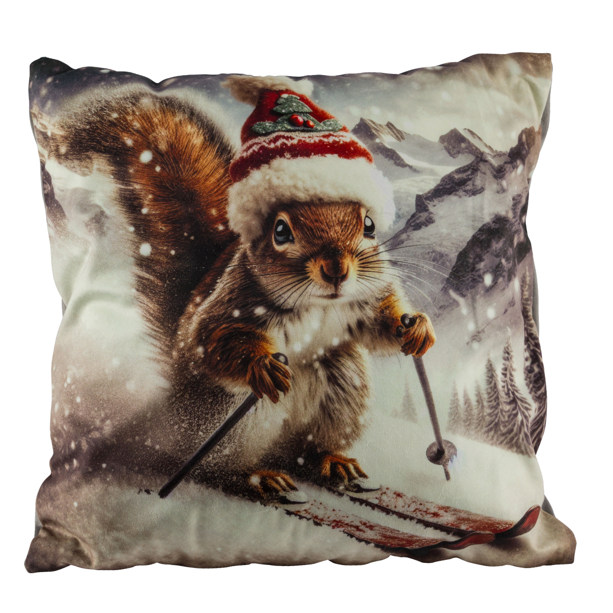 Samtkissen Eichhörnchen auf Ski, Winterkissen Eichhörnchen mit Pudelmütze, 45x45cm