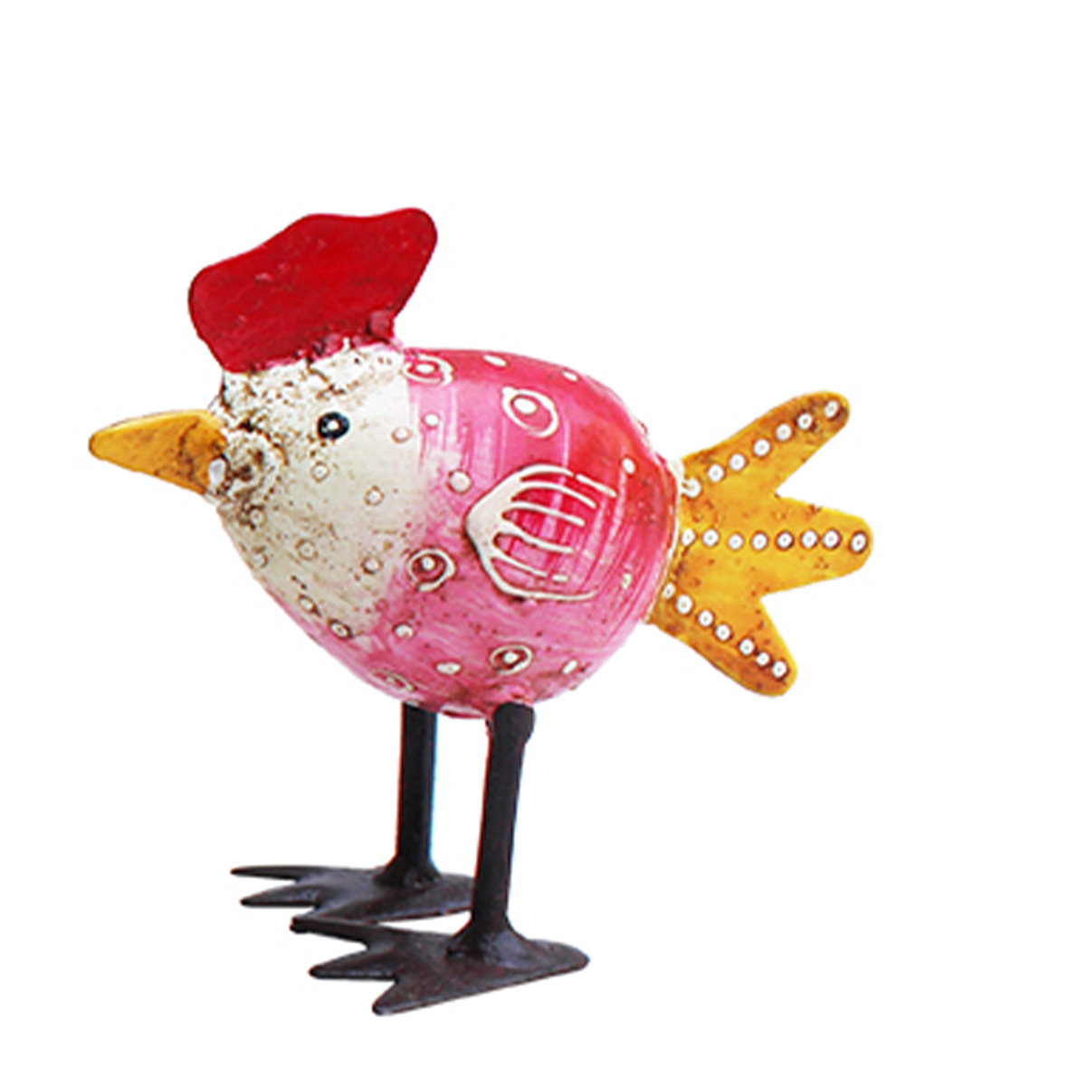 Deko Hahn eiform, kleiner Metallhahn rosa mit orangem Schweif, 8x9cm