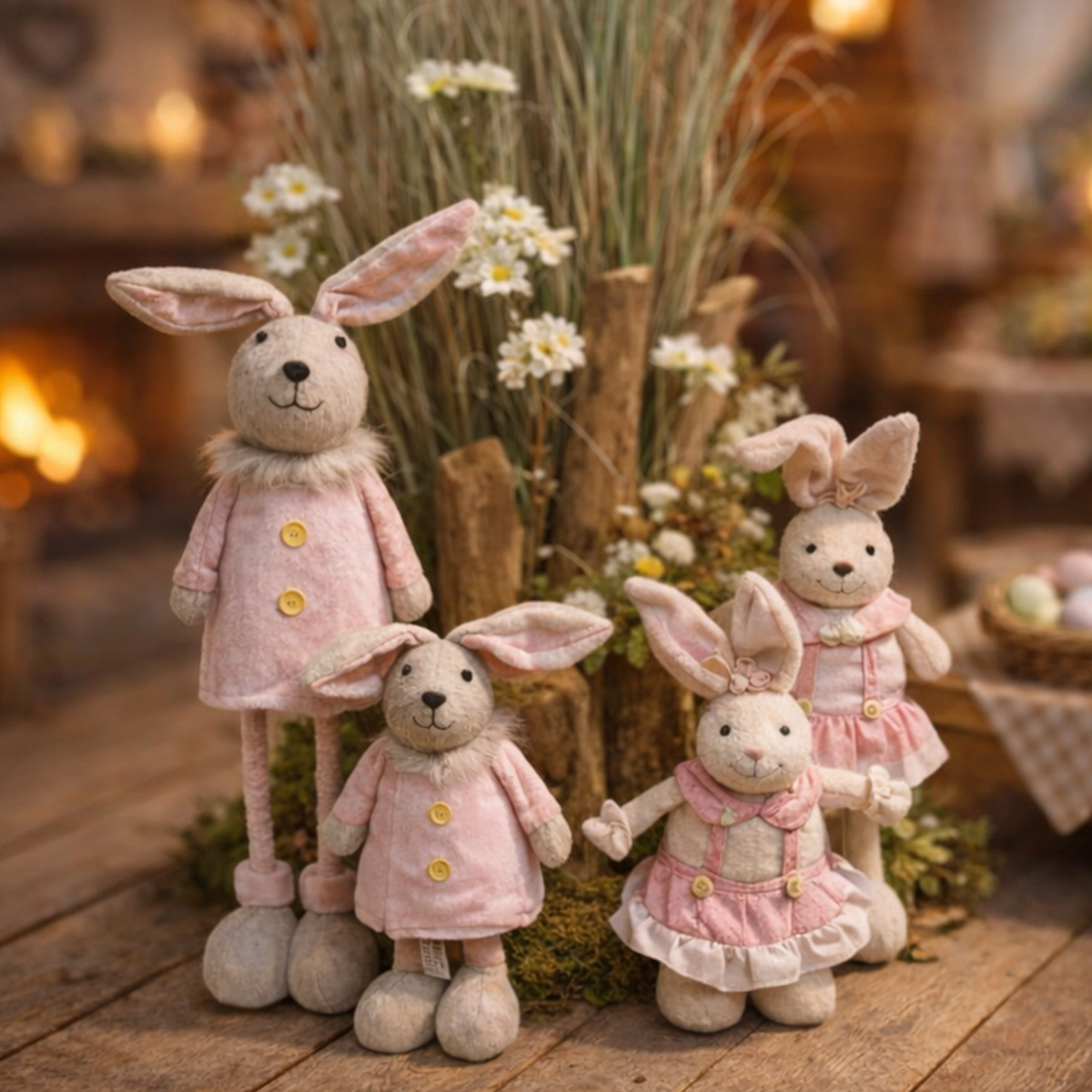 Deko-Hase Plüsch – Osterhase Mit Textilbekleidung & Körbchen – 57 Cm Groß – Aus Kunstfell, Filz & Hartschaumkern