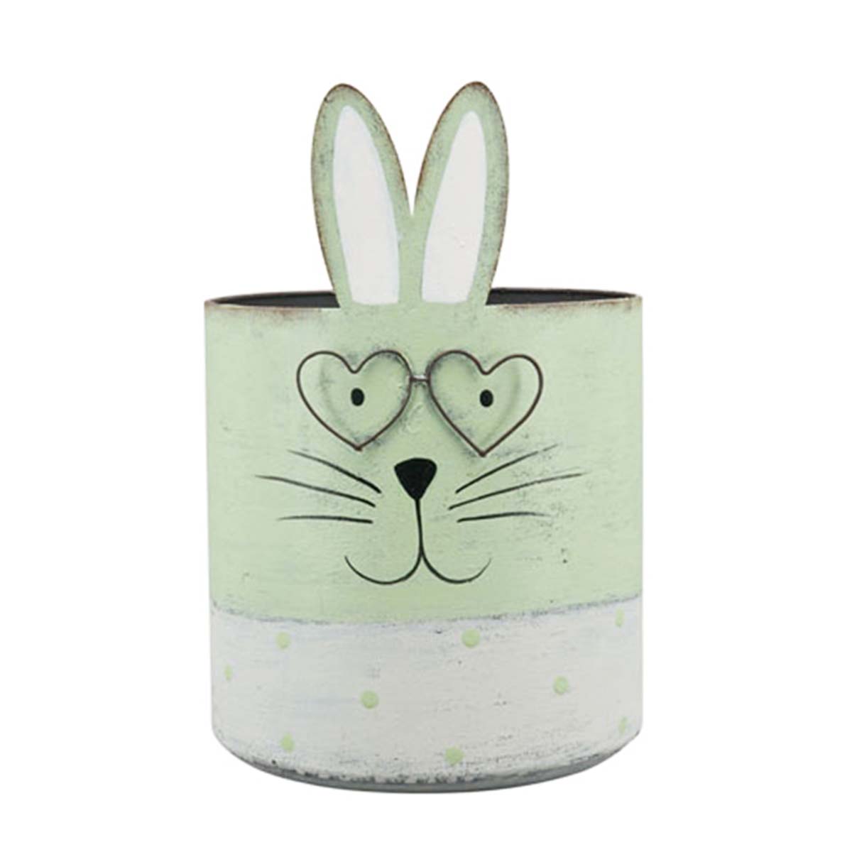 260964-2x Deko Pflanztopf Hase, Osterhase mit Brille, hellgrün used look, 19x12cm, Metall