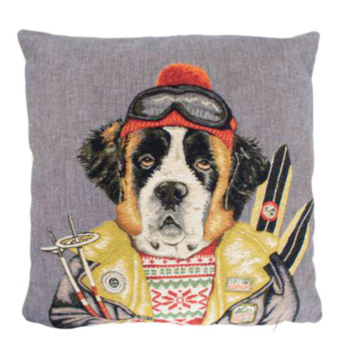 Gobelin Kissen Skifreunde Hund, Bernhardiner in Skikleidung und Ski, 45x45cm, Mars & More