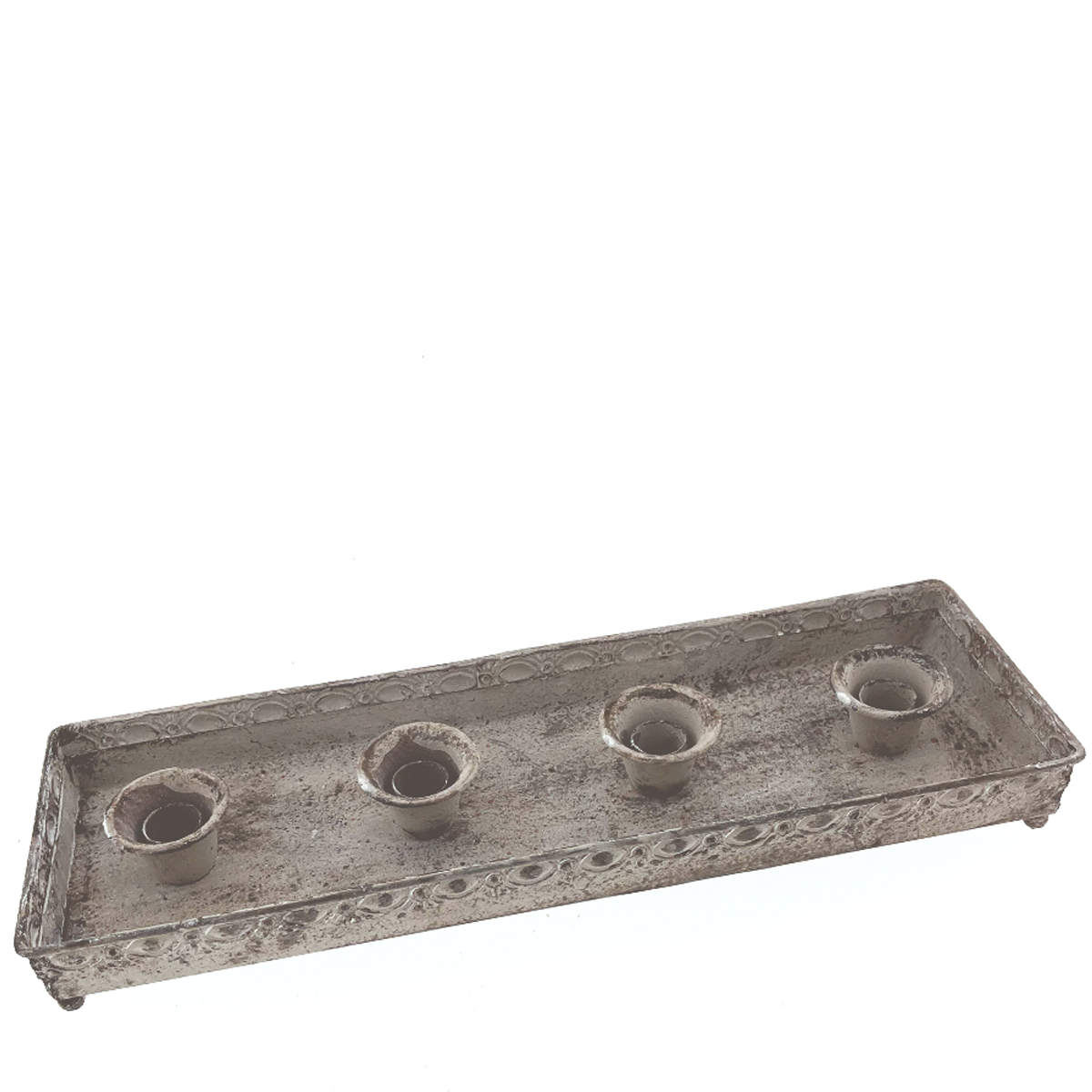 Deko Kerzentablett Antik grau, geeignet für 4 Stabkerzen, grau used look, 41x13cm, Metall  