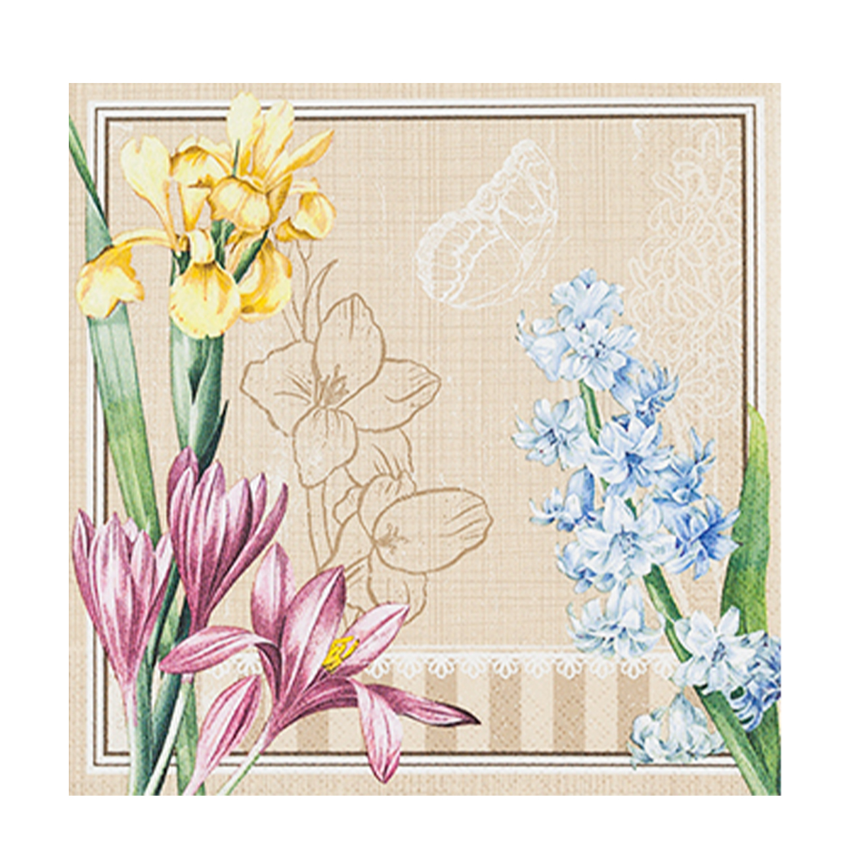 Home Fashion Papierservietten Frühlingsblumen auf Leinenoptik, 33x33cm