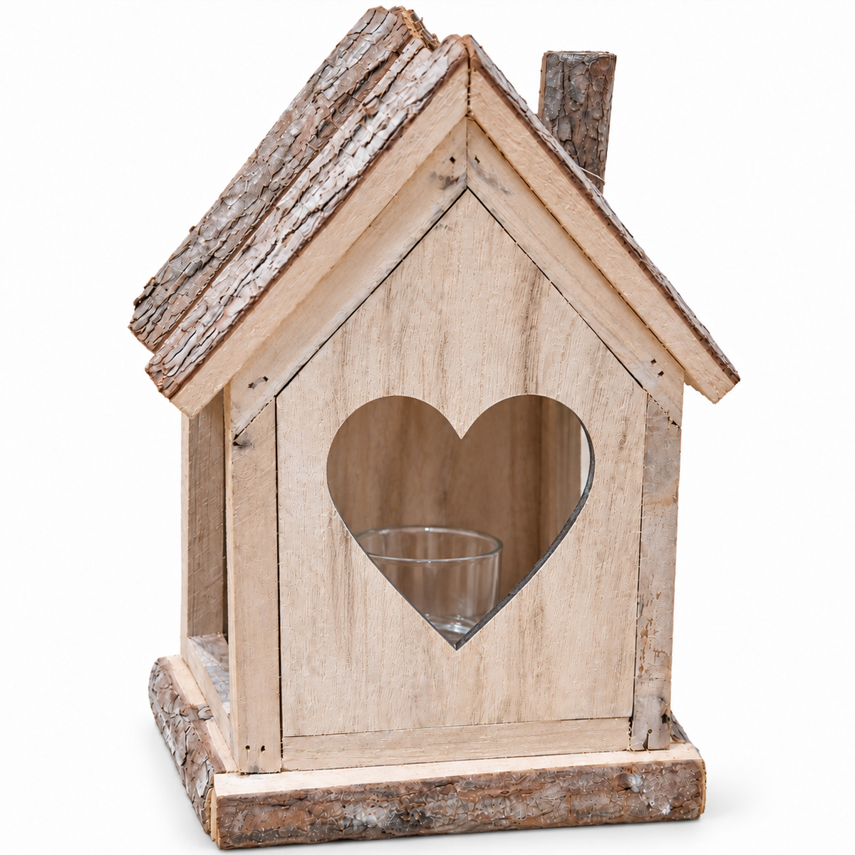 Rustikales Deko-Windlicht Haus, Natur-Holzhaus mit Herzmotiv, 35cm