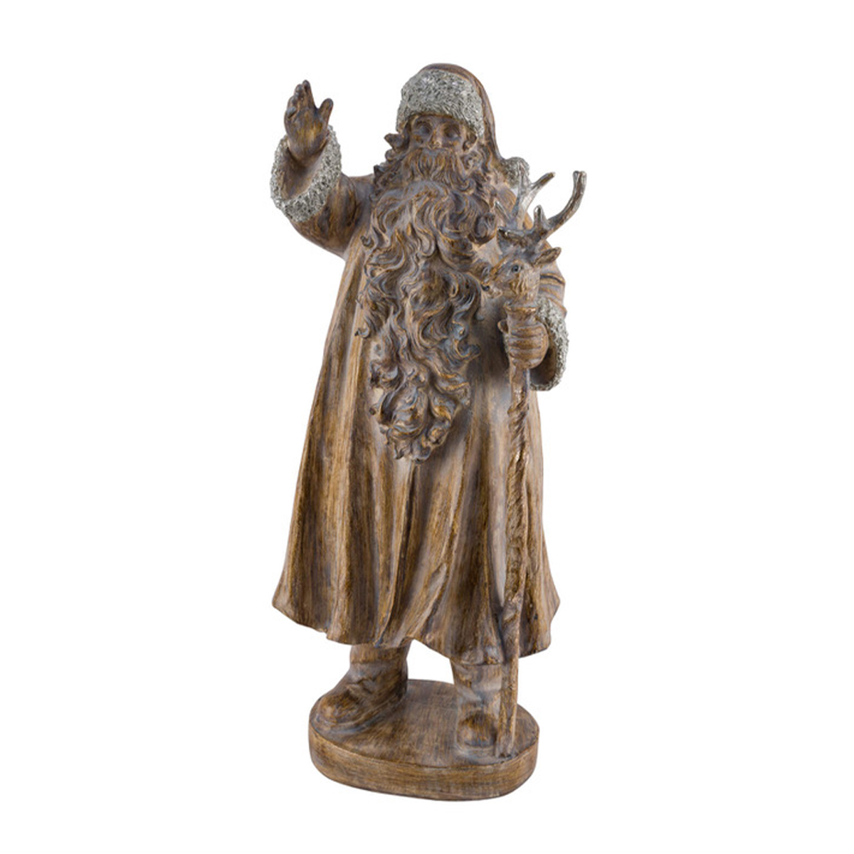 Deko Weihnachtsmann in Holzoptik, großer Nikolaus mit Hirschstab und Silberakzente, 64cm