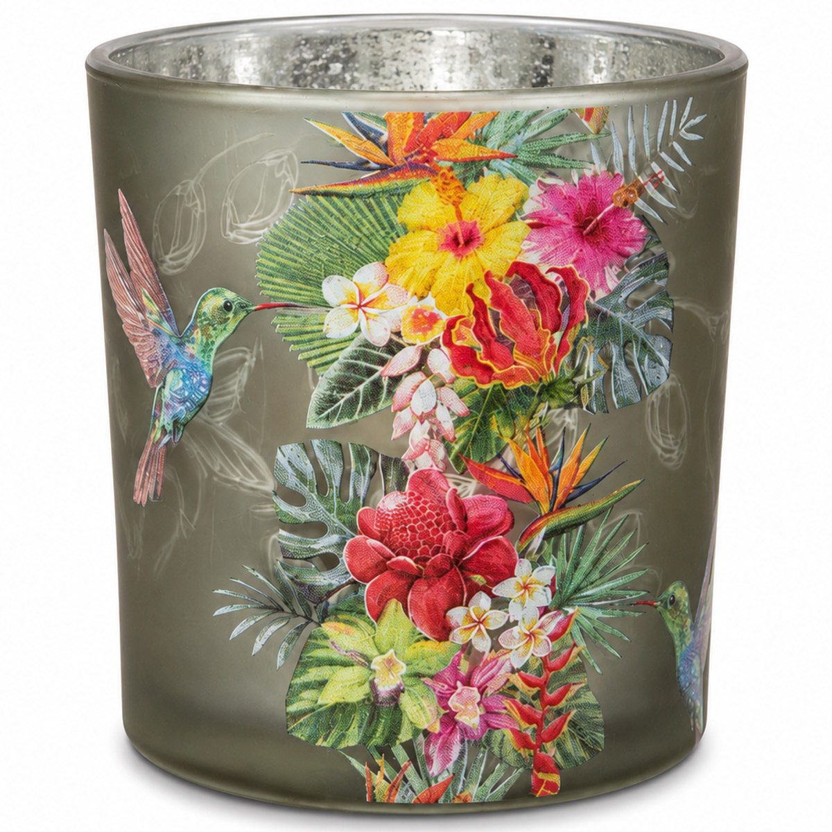 Windlicht Glas "Tropical" mit Kolibri und tropischem Blumenmotiv
