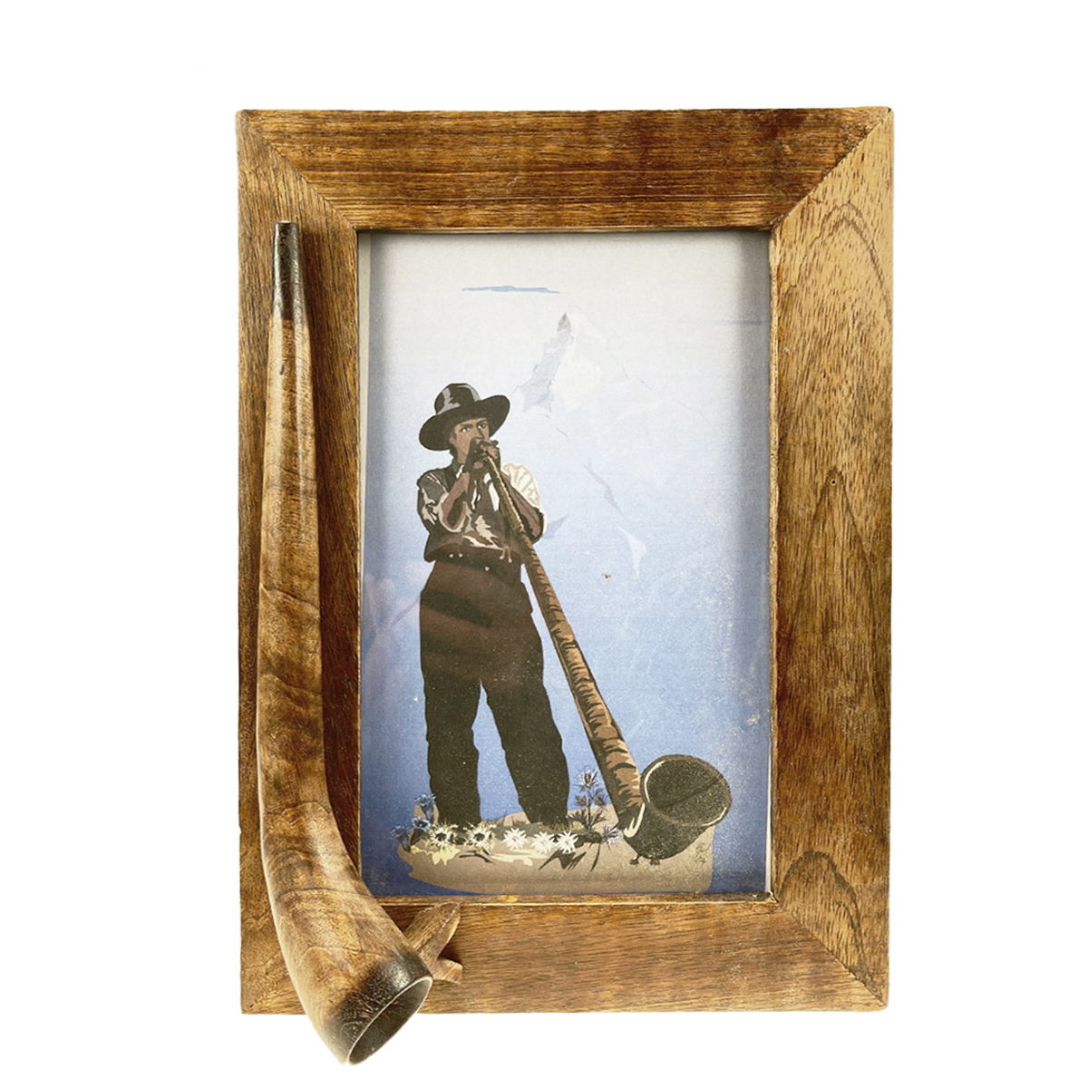 Bilderrahmen mit Alphorn, Holzrahmen Alphornbläser, Cors des Alpes, 29x20cm, Les Sculpteurs du lac
