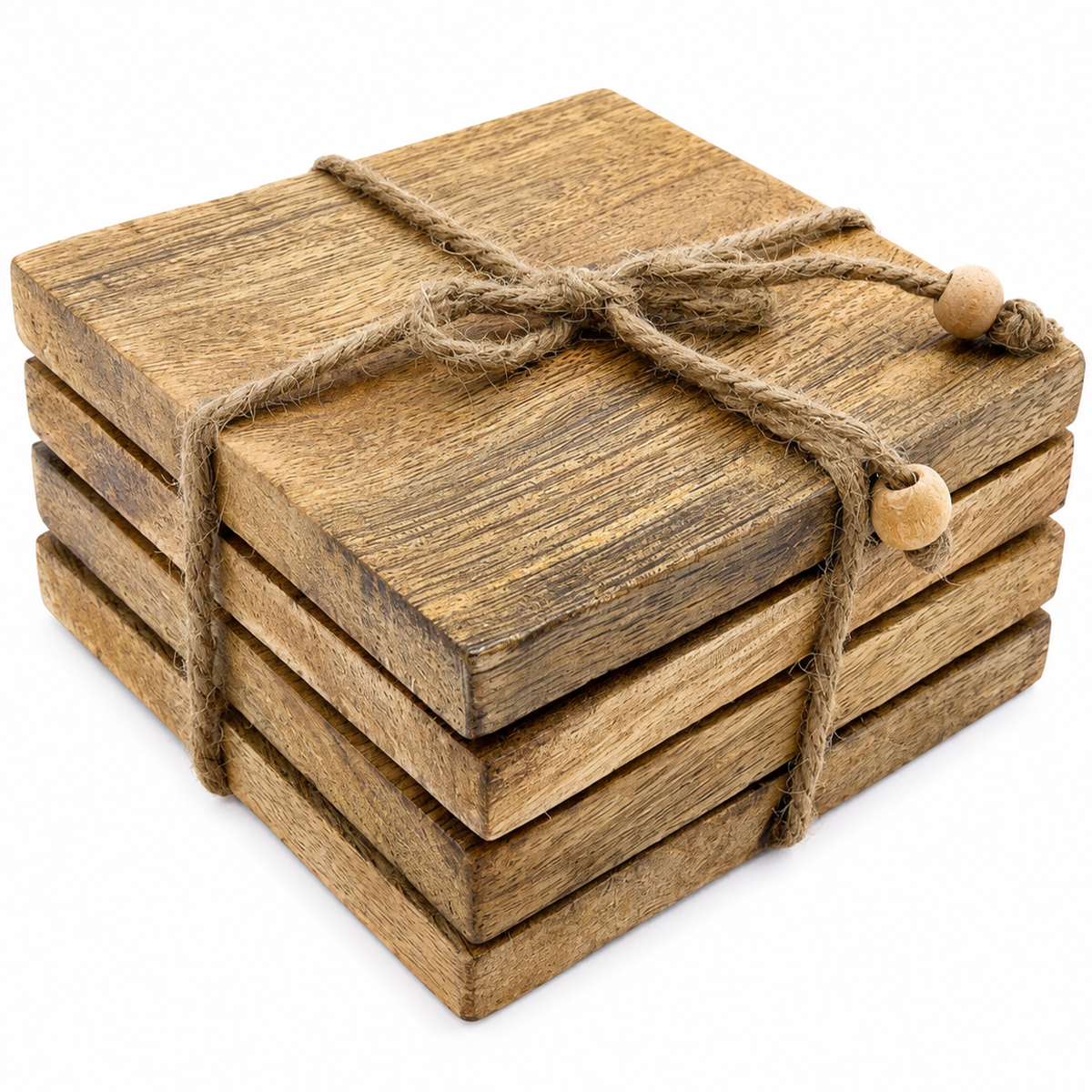 Holzuntersetzer, quadratische Untersetzer aus Mangoholz mit Gummipuffer, 10x10cm, Set/4
