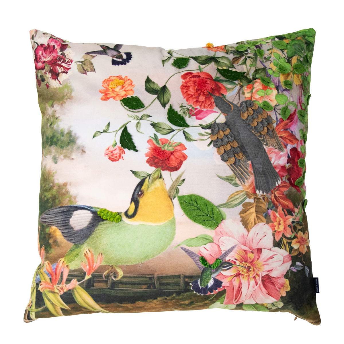 Deko Kissen Vogel Fleury, grüner Vogel im Märchenwald, 45x45cm, Mars & More
