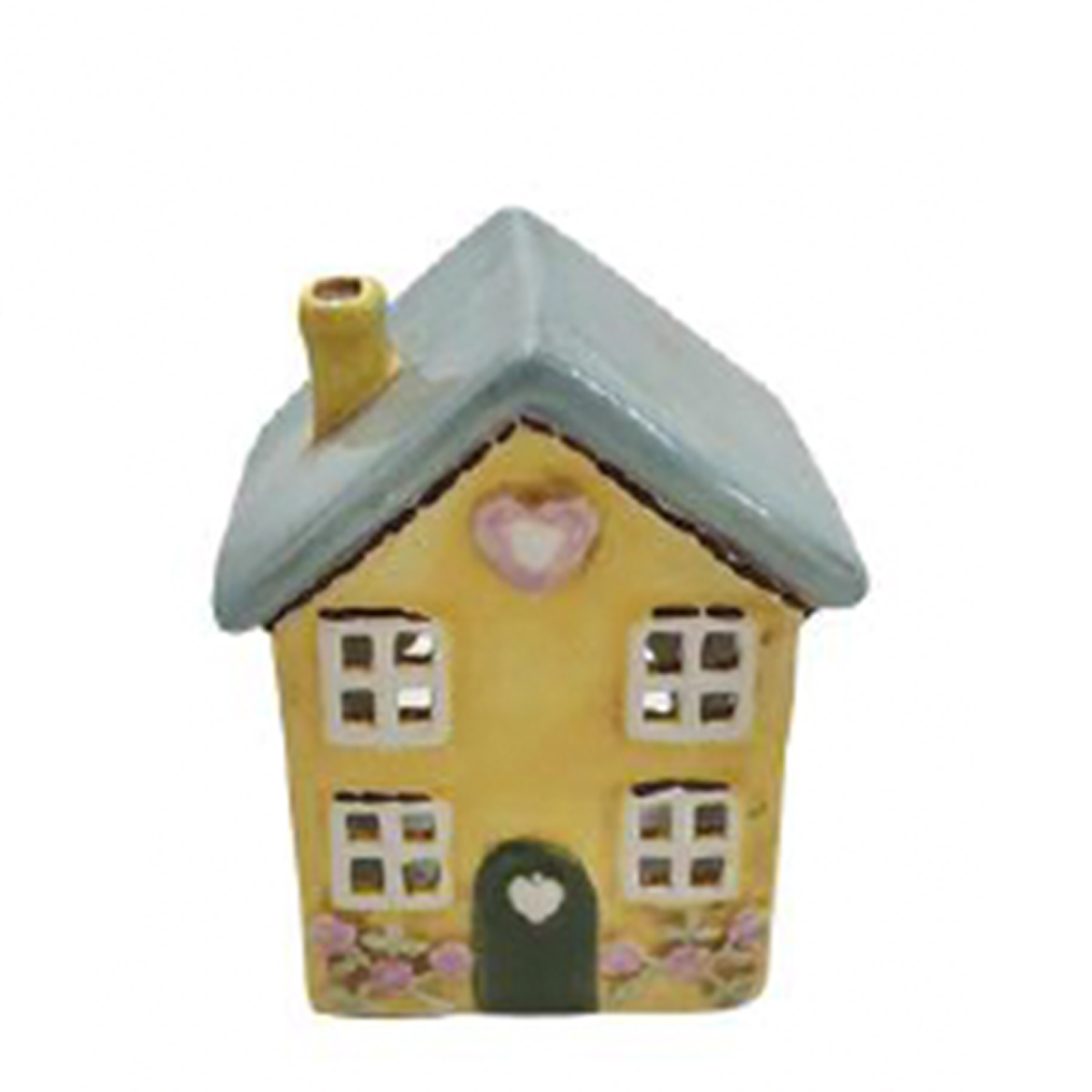 Windlicht Haus gelb, putziges Keramikhaus mit Blumen, 12cm