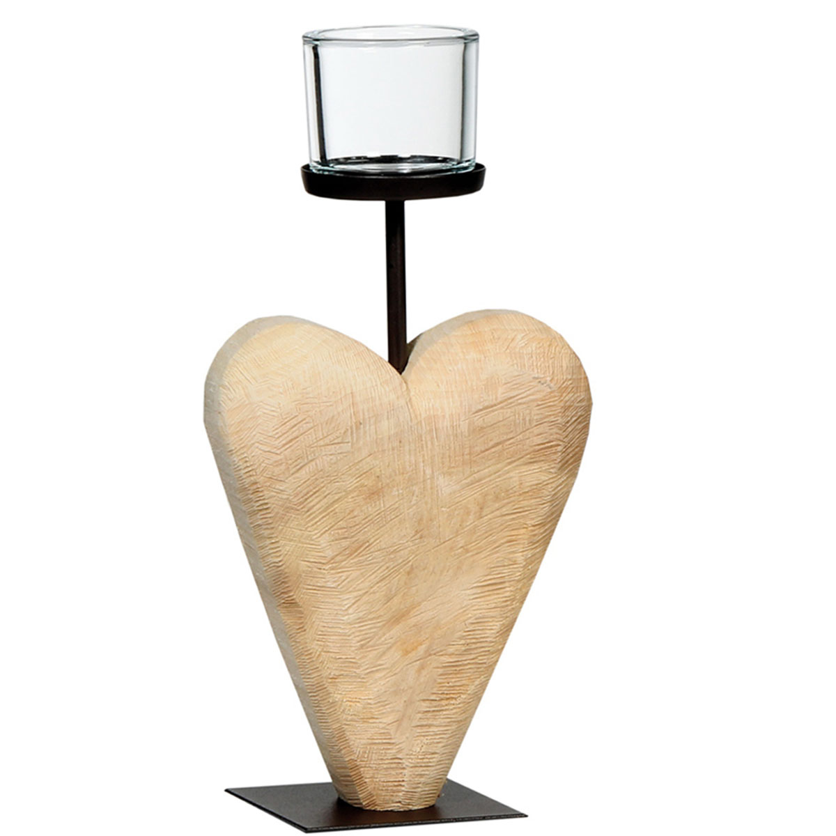 Deko Windlicht Holzherz sägerau, Naturholz-Herz auf Metallfuß, 38cm, WMG Grünberger