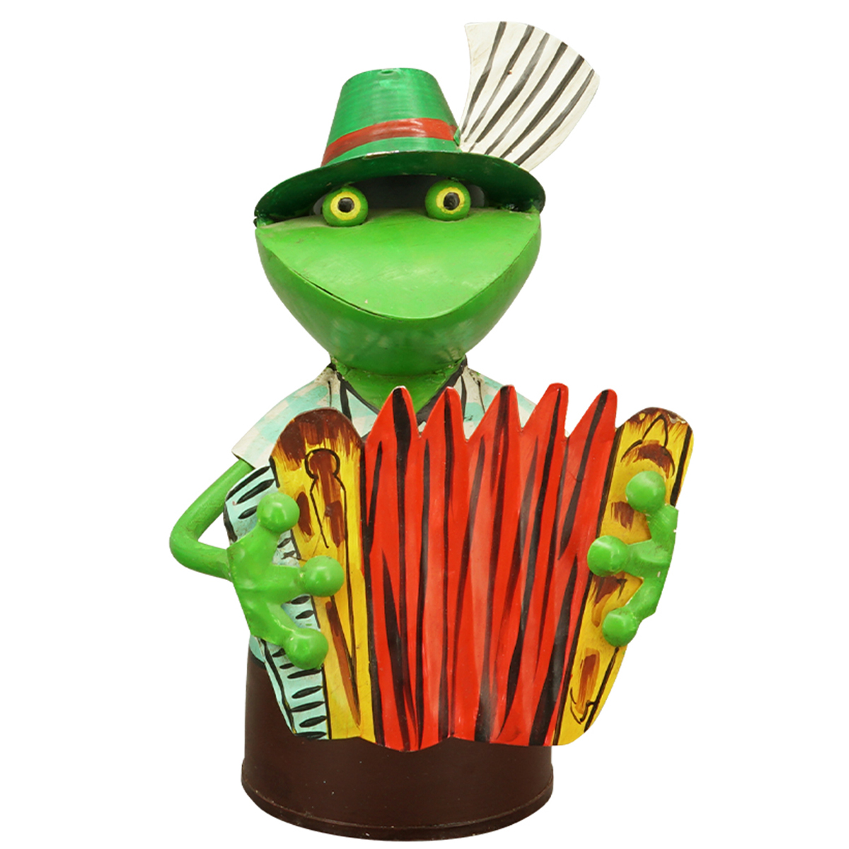 Zaunhocker Frosch Landhaus, Metallfrosch in Lederhose mit Akkordeon, 20cm