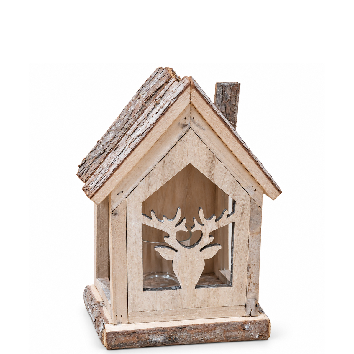 Rustikales Deko-Windlicht Haus, Natur-Holzhaus mit Hirschkopf, 20cm