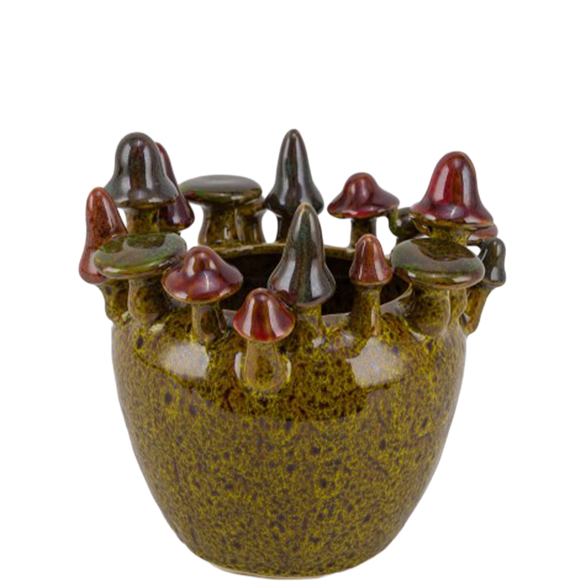 Übertopf Pilze, Steinguttopf mit Pilze, grün-braun, 15cm  
