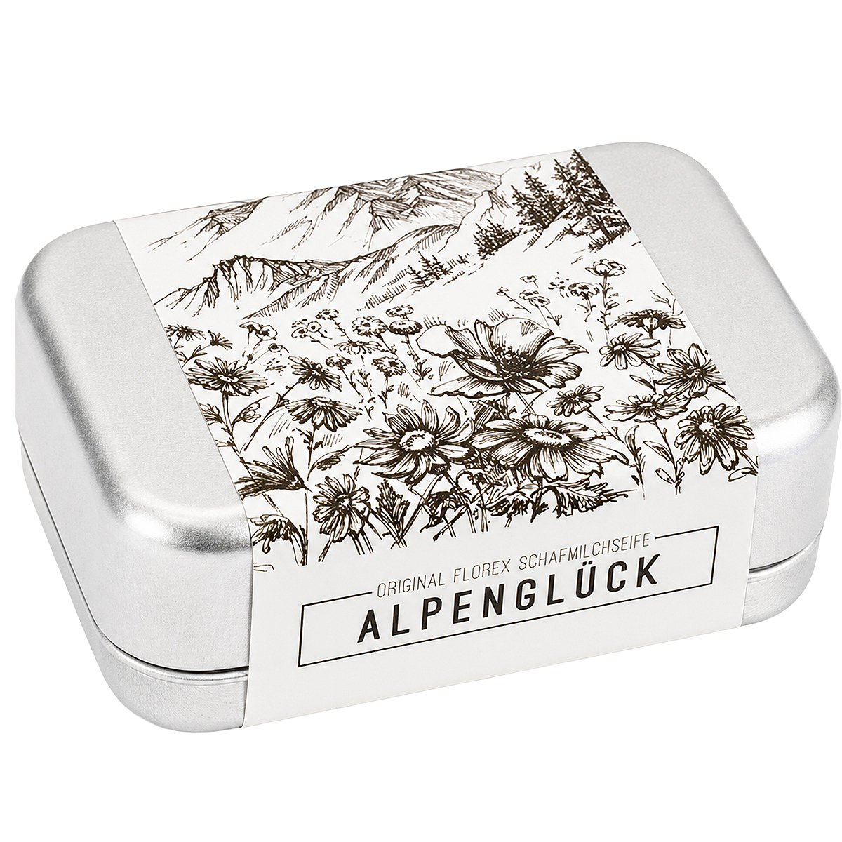 Schafmilchseife Alpenglück verpackt in einer Blechdose mit Bergblumen-Motiv