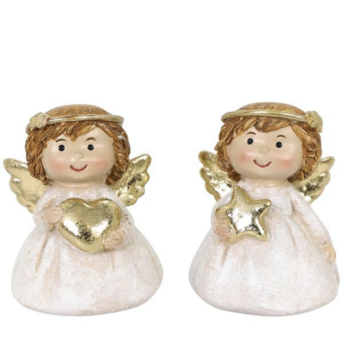 Deko Engel Lilian, kleiner putziger Weihnachtsengel mit goldenem Stern oder Herz, 7cm