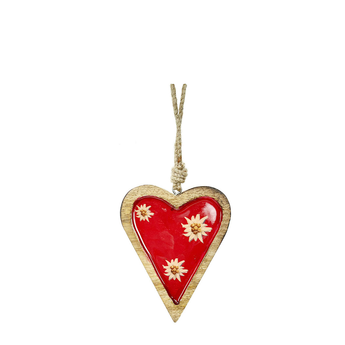 Deko Herz Landhaus, Holzherz rot mit Edelweiß, Emailleoptik, 7x10cm, Hänger