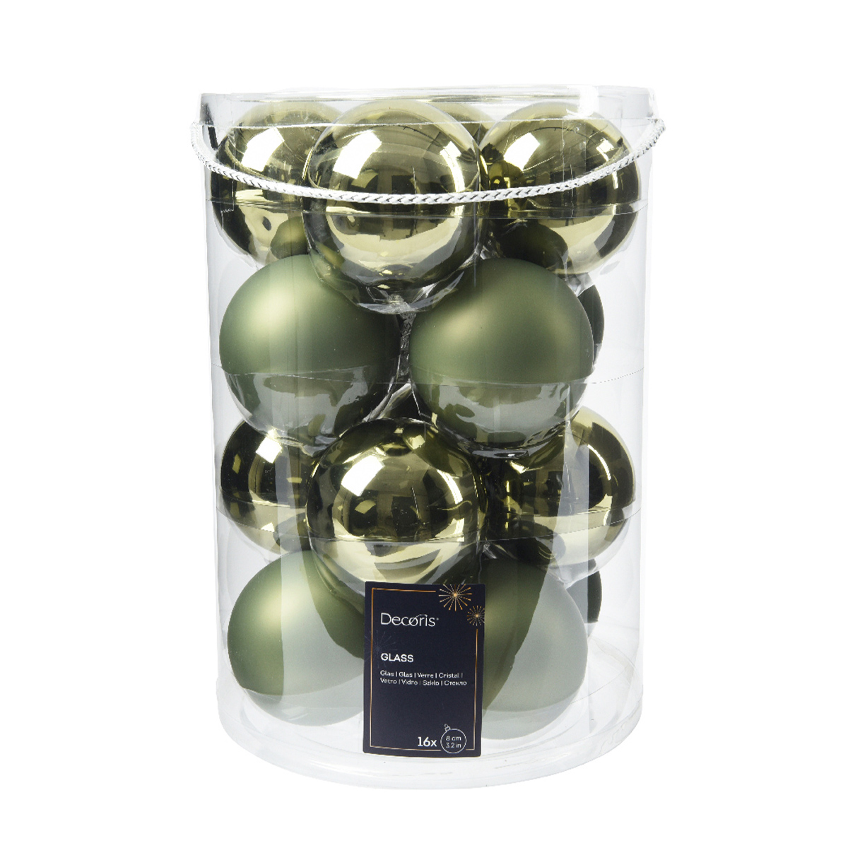 Weihnachtsbaumkugeln aus Glas, rosmaringrün glanz/matt, Ø8cm, 16St/Box, Decoris