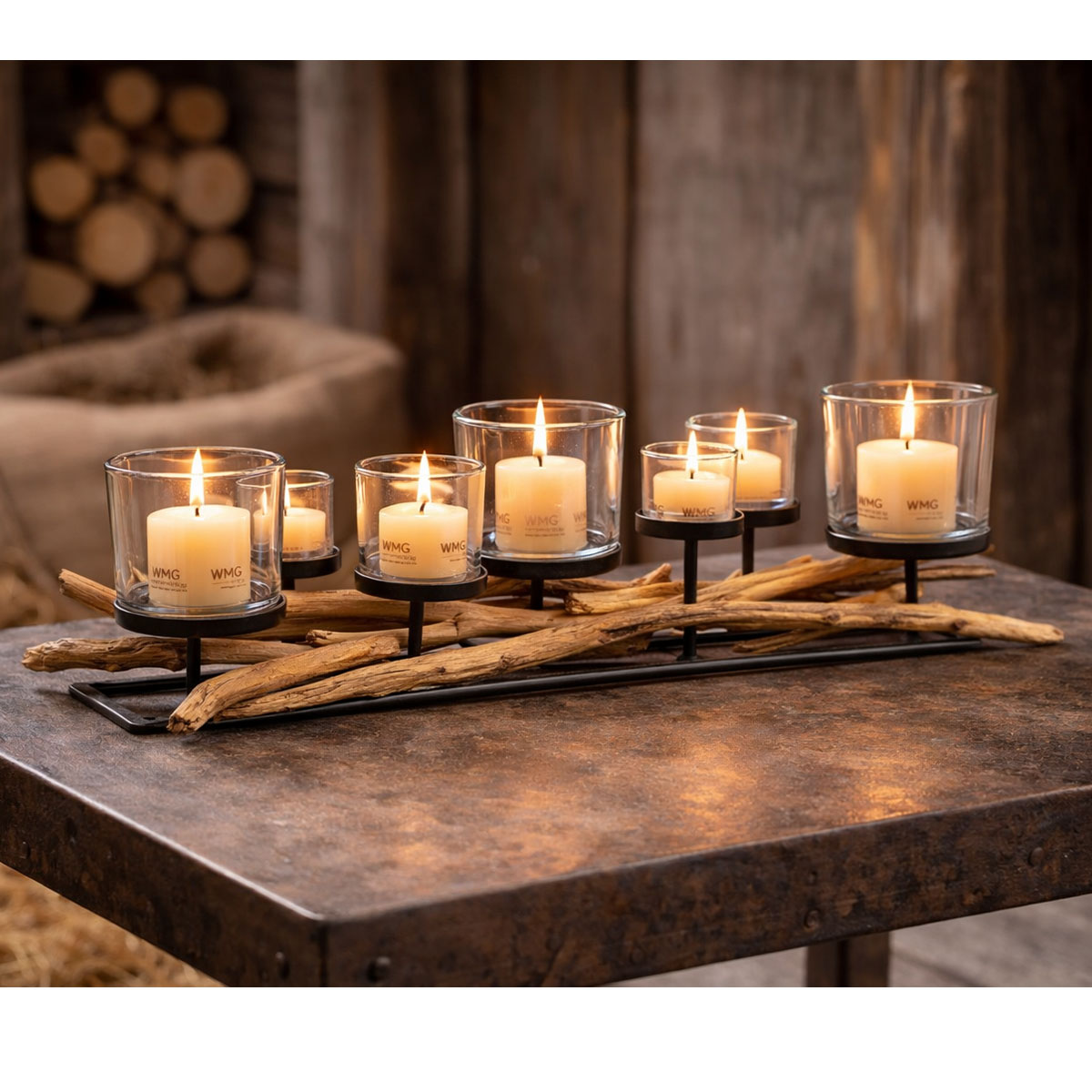 Windlicht Lincoln Schwemmholz, rustikaler Naturholzleuchter mit 7 Gläser, 80cm, WMG Grünberger