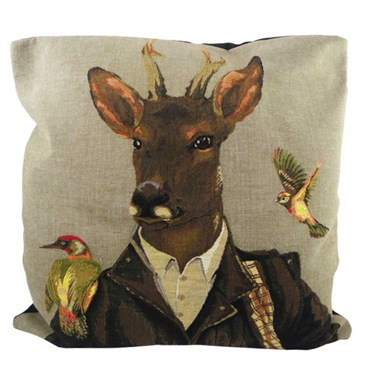 Gobelin Kissen Hirsch, Jäger Rehbock mit Vögel, 45x45cm, Mars & More